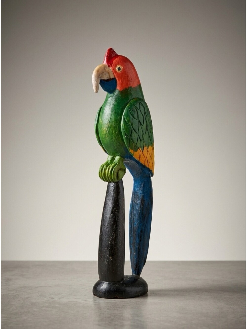 vintage hand carved and painted parrot wood sculpture